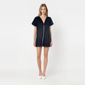 2/$30 ZARA Embroidered Lace-up Faux Suede T-Shirt Shift Dress Black V-Neck #7260